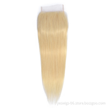 613 Blonde Straight Human Hair 4x4 Lace Closure Brazilian Human Hair Extensions Virgin Cuticle Aligned Hair